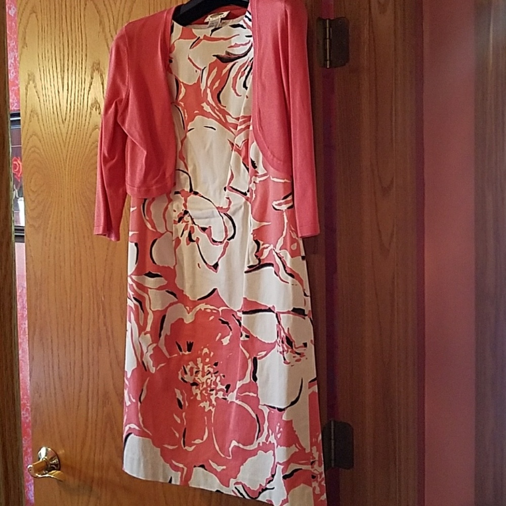 Talbots Petites white floral dress and pink shrug